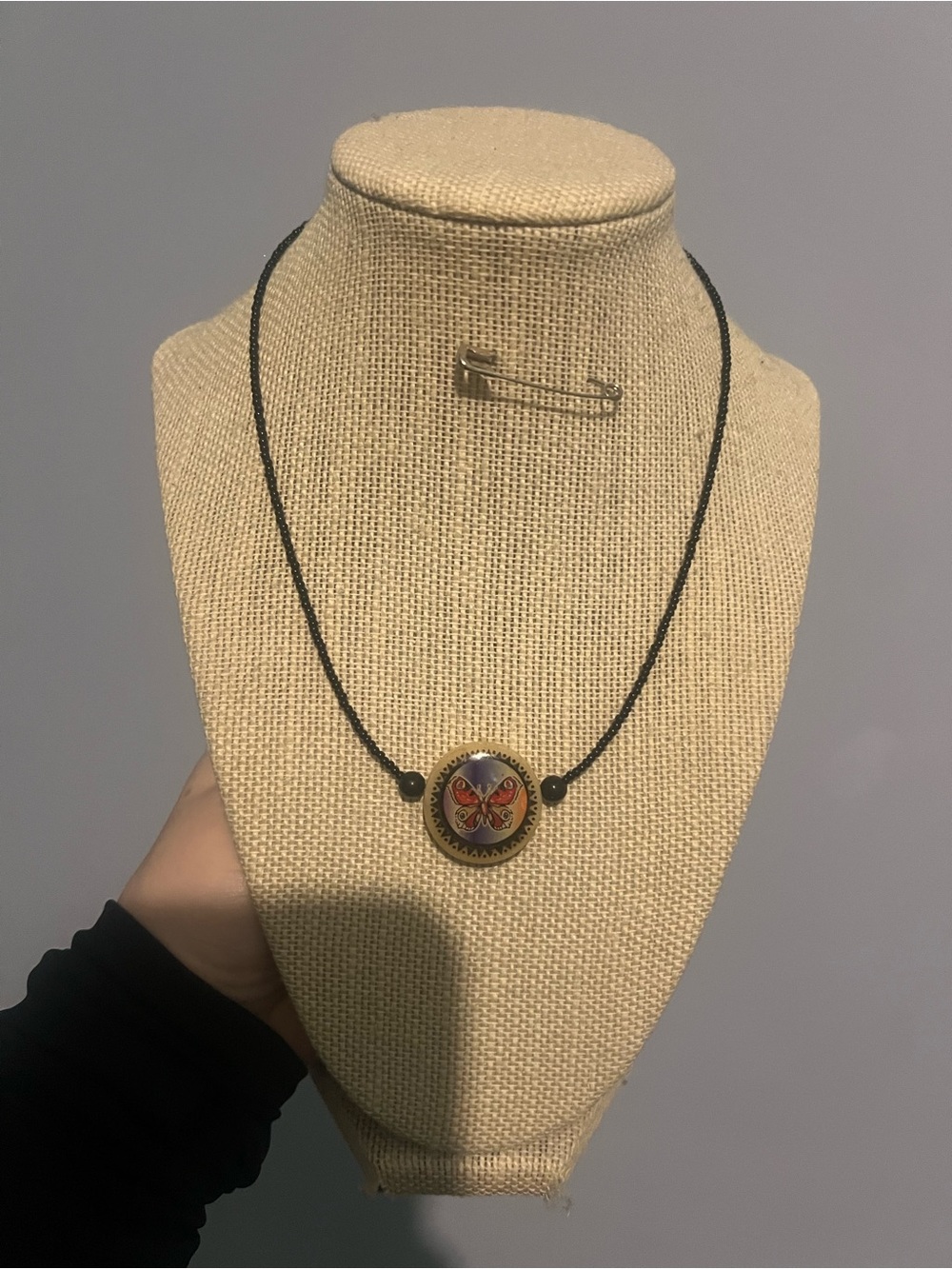 #126. Handmade Butterfly Pendant Choker Necklace Black & Multi Color